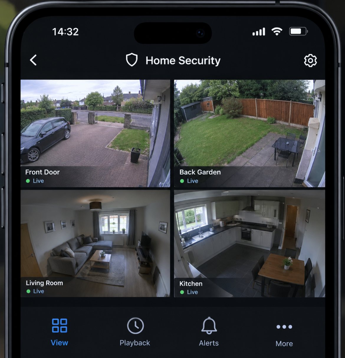 CCTV phone app showing four live camera views