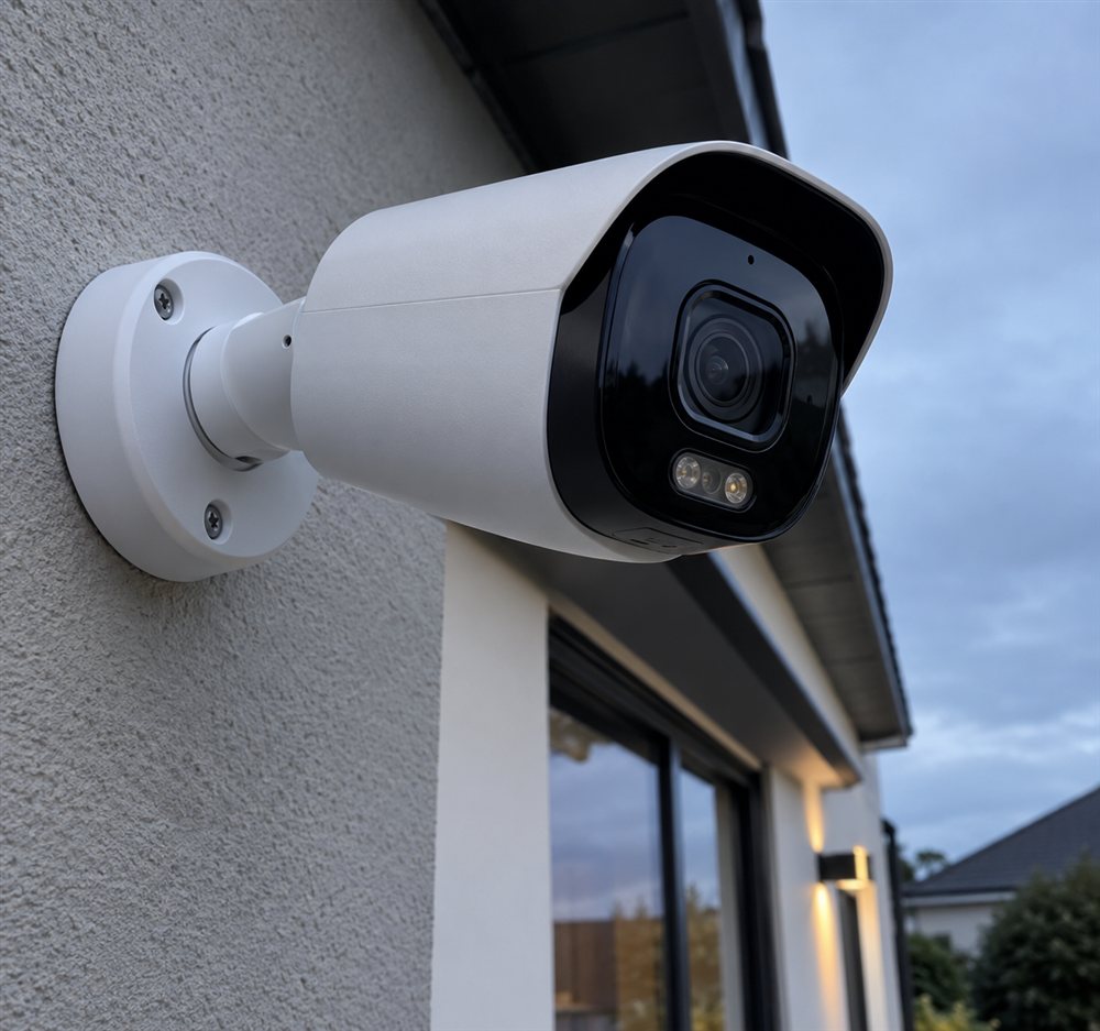 Modern bullet CCTV camera mounted on the wall of a house